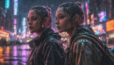 blue eyes, multiple girls, black hair, 2girls, jacket, upper body, outdoors, parted lips, bag, blurry, wet, night, depth of field, blurry background, backpack, rain, realistic, nose, wet hair