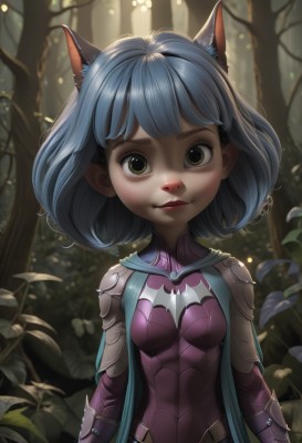 1girl,solo,breasts,looking at viewer,smile,short hair,bangs,animal ears,brown eyes,closed mouth,blue hair,upper body,small breasts,outdoors,artist name,cat ears,cape,armor,blurry,tree,lips,bodysuit,blurry background,plant,nature,forest,arms at sides,leaf,sunlight,backlighting,nose