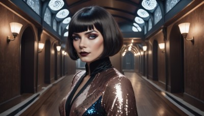 1girl,solo,breasts,looking at viewer,short hair,bangs,blue eyes,black hair,dress,closed mouth,upper body,indoors,blunt bangs,black eyes,lips,grey eyes,eyelashes,makeup,bob cut,lipstick,eyeshadow,nose,red lips,eyeliner,mascara,black lips,smile,cleavage,medium breasts,high collar,realistic,light