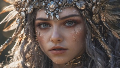 1girl,solo,long hair,looking at viewer,blue eyes,black hair,hair ornament,jewelry,grey hair,parted lips,teeth,artist name,blurry,lips,grey eyes,eyelashes,facial mark,feathers,gem,portrait,close-up,freckles,circlet,realistic,nose,headdress,feather hair ornament,head chain,green eyes,earrings,choker,makeup,thick eyebrows,gold,gold chain