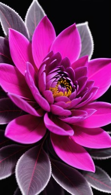 solo,simple background,yellow eyes,flower,no humans,glowing,leaf,black background,pink flower,purple flower,lotus,still life,plant,yellow flower