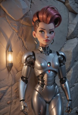 1girl,solo,breasts,looking at viewer,short hair,brown hair,brown eyes,jewelry,standing,red hair,earrings,small breasts,dark skin,dark-skinned female,lips,bodysuit,makeup,cameltoe,robot,lipstick,skin tight,science fiction,android,joints,cable,mechanical arms,undercut,cyborg,hair slicked back,robot joints,cyberpunk,mechanical parts,single mechanical arm,stone wall