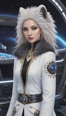 1girl,solo,long hair,breasts,looking at viewer,long sleeves,animal ears,brown eyes,jewelry,closed mouth,upper body,white hair,choker,belt,necklace,lips,coat,grey eyes,fur trim,makeup,star (sky),forehead,pendant,science fiction,realistic,nose,white coat,red lips,space,planet,earth (planet),spacecraft,standing,artist name,freckles,fur collar,lion ears