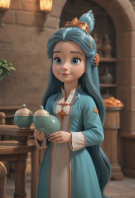 1girl,solo,long hair,looking at viewer,smile,blue eyes,hair ornament,long sleeves,dress,holding,very long hair,closed mouth,blue hair,standing,flower,cowboy shot,hairband,food,indoors,blurry,lips,depth of field,blurry background,blue dress,table,plant,child,female child,potted plant,teapot,vase,bangs,artist name,hair flower,cup,aqua hair,chinese clothes,thick eyebrows,forehead,teacup,brick wall,aqua dress