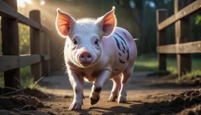 HQ,solo,looking at viewer,full body,outdoors,day,signature,blurry,black eyes,pokemon (creature),no humans,depth of field,blurry background,animal,sunlight,grass,walking,running,realistic,fence,animal focus,blue eyes,standing,sign,white fur