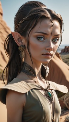 1girl,solo,long hair,breasts,looking at viewer,brown hair,black hair,bare shoulders,jewelry,green eyes,collarbone,upper body,ponytail,earrings,small breasts,outdoors,parted lips,sky,sleeveless,choker,day,pointy ears,artist name,necklace,blurry,lips,depth of field,blurry background,elf,gem,freckles,circlet,realistic,nose,dress,brown eyes,blue sky,eyelashes,green dress