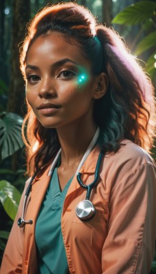 1girl,solo,long hair,looking at viewer,brown hair,shirt,black hair,brown eyes,jacket,upper body,outdoors,open clothes,dark skin,blurry,dark-skinned female,tree,lips,eyelashes,blurry background,leaf,blue shirt,plant,nature,forehead,freckles,curly hair,realistic,nose,very dark skin,stethoscope,breasts,closed mouth,shiny,artist name,open jacket,watermark,sunlight,web address,backlighting,brown jacket,light rays,orange jacket,dreadlocks,aqua shirt