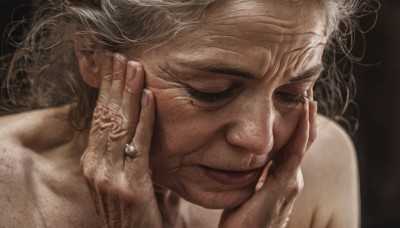 1girl,solo,long hair,simple background,1boy,jewelry,closed mouth,closed eyes,white hair,grey hair,male focus,nude,lips,fingernails,hands up,eyelashes,scar,ring,black background,messy hair,portrait,veins,realistic,hands on own face,old,hands on own cheeks,old woman,wrinkled skin,smile,tattoo,close-up,hand on own face,old man