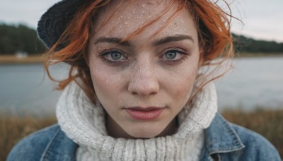 1girl,solo,looking at viewer,short hair,brown hair,hat,closed mouth,green eyes,jacket,outdoors,scarf,orange hair,blurry,sweater,lips,eyelashes,depth of field,blurry background,denim,portrait,close-up,freckles,realistic,nose,red lips,straight-on,denim jacket,bangs,blue eyes,red hair,sky,day,grey eyes,floating hair,turtleneck,blue jacket,wind,white scarf