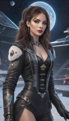 1girl,solo,long hair,breasts,looking at viewer,brown hair,gloves,cleavage,brown eyes,jewelry,medium breasts,jacket,ponytail,cowboy shot,earrings,outdoors,open clothes,sky,black gloves,belt,necklace,open jacket,lips,grey eyes,fur trim,bodysuit,makeup,night,moon,lipstick,gem,star (sky),night sky,snow,full moon,pendant,eyeshadow,starry sky,realistic,nose,red lips,space,leather,planet,science fiction,black bodysuit,earth (planet),spacecraft