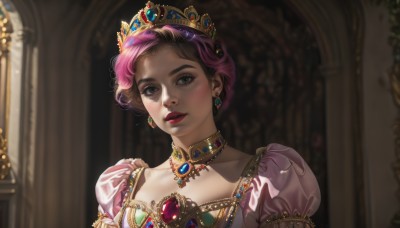 1girl,solo,looking at viewer,short hair,brown hair,dress,jewelry,collarbone,upper body,pink hair,purple hair,short sleeves,multicolored hair,earrings,parted lips,choker,puffy sleeves,indoors,necklace,blurry,two-tone hair,puffy short sleeves,lips,grey eyes,eyelashes,makeup,blurry background,tiara,crown,lipstick,gem,portrait,pink dress,gold trim,red lips,blue gemstone,red gemstone,princess,breasts,bangs,blue eyes,teeth,shiny,shiny hair,realistic