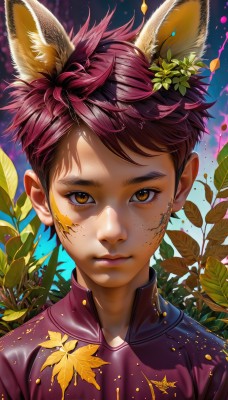 solo,looking at viewer,short hair,bangs,brown hair,shirt,hair ornament,1boy,animal ears,brown eyes,closed mouth,upper body,pink hair,flower,male focus,hair flower,lips,fox ears,eyelashes,leaf,facial mark,thick eyebrows,plant,portrait,extra ears,androgynous,freckles,nose,paint splatter,shiny,artist name,signature,scar,sunlight,purple shirt,shade,male child,leaf hair ornament,dappled sunlight,dirty,sanpaku