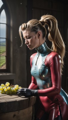 1girl,solo,long hair,breasts,blonde hair,gloves,standing,closed eyes,ponytail,flower,small breasts,black gloves,indoors,blurry,lips,window,bodysuit,skin tight,zipper,shiny clothes,realistic,nose,latex,red bodysuit,latex bodysuit,hair ornament,cowboy shot,food,hairclip,profile,fruit,blurry background,thigh boots