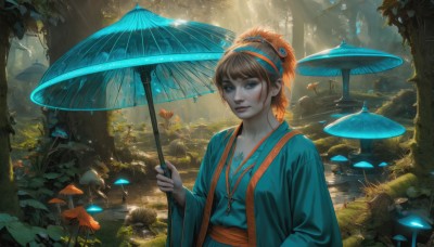 1girl,solo,looking at viewer,short hair,bangs,blue eyes,brown hair,hair ornament,long sleeves,holding,jewelry,closed mouth,upper body,hairband,outdoors,artist name,wide sleeves,water,necklace,nail polish,tree,lips,sash,animal,umbrella,sunlight,grass,plant,nature,scenery,light particles,forest,blue nails,rain,light rays,rock,holding umbrella,realistic,nose,fantasy,sunbeam,blue hairband,mushroom,pond,breasts,collarbone,small breasts,parted lips,japanese clothes,open clothes,signature,kimono,tattoo,makeup,glowing,cross,backlighting,freckles,oil-paper umbrella,moss