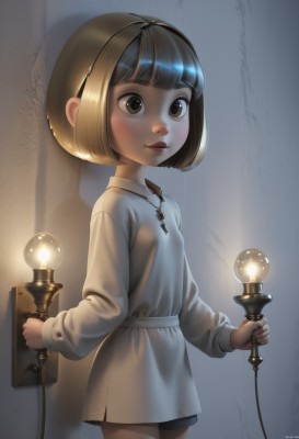 1girl,solo,short hair,bangs,blonde hair,brown hair,black hair,long sleeves,dress,holding,brown eyes,jewelry,standing,multicolored hair,cowboy shot,parted lips,shorts,shiny,artist name,indoors,signature,blunt bangs,necklace,white dress,lips,short dress,bob cut,cross,child,collared dress,female child,light bulb,blush,closed mouth,realistic,nose,light,flashlight