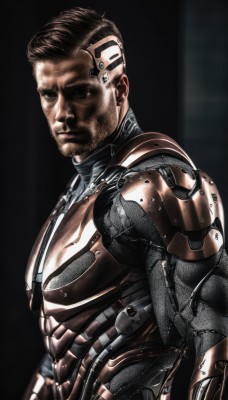 solo,looking at viewer,short hair,brown hair,black hair,1boy,closed mouth,upper body,male focus,dark skin,armor,black eyes,facial hair,dark-skinned male,black background,science fiction,realistic,android,manly,undercut,cyborg,cyberpunk,muscular,beard,power armor,mechanical parts