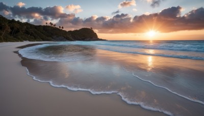 outdoors,sky,day,cloud,water,tree,no humans,ocean,beach,sunlight,cloudy sky,nature,scenery,reflection,sunset,mountain,sand,sun,horizon,waves,landscape,shore,blue sky,forest,sunrise,island