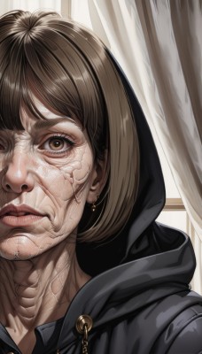 1girl,solo,looking at viewer,short hair,bangs,brown hair,brown eyes,jewelry,earrings,parted lips,hood,lips,eyelashes,window,hoodie,hood down,curtains,portrait,zipper,veins,realistic,nose,black hoodie,horror (theme),closed mouth,cracked skin