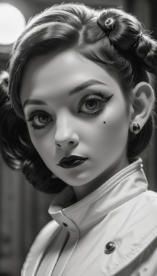 1girl,solo,looking at viewer,short hair,hair ornament,jewelry,closed mouth,monochrome,upper body,greyscale,earrings,hair bun,mole,blurry,lips,eyelashes,mole under eye,makeup,buttons,blurry background,lipstick,portrait,curly hair,realistic,nose,stud earrings,extra eyes,eye focus,mole on cheek,bangs,artist name,piercing,moon,eyeshadow,mascara