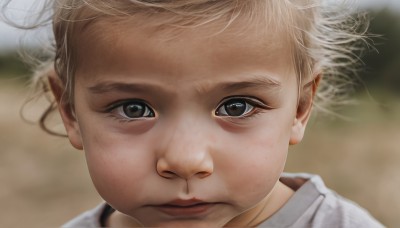 1girl,solo,looking at viewer,short hair,blonde hair,shirt,1boy,closed mouth,white shirt,white hair,male focus,blurry,black eyes,lips,grey eyes,eyelashes,depth of field,blurry background,messy hair,child,portrait,close-up,realistic,nose,brown hair,brown eyes,expressionless,serious