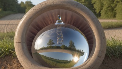 outdoors,sky,day,cloud,water,blurry,tree,blue sky,no humans,grass,nature,scenery,forest,reflection,road,bush,river,lake,reflective water,plant,mirror,fantasy,still life