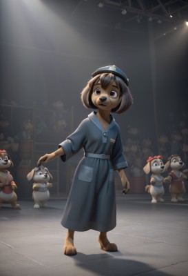 1girl,solo,looking at viewer,smile,short hair,open mouth,bangs,brown hair,black hair,long sleeves,hat,dress,holding,animal ears,brown eyes,closed mouth,standing,full body,barefoot,teeth,belt,artist name,indoors,signature,uniform,black eyes,red bow,shadow,stuffed toy,stuffed animal,blue shirt,child,furry,blue headwear,6+boys,pocket,dog,light rays,furry female,dog girl,female child,breast pocket,police,police uniform,spotlight,tail,multiple boys,looking at another,watermark,dog ears,claws,hand on another's head,robe,headpat,light,body fur,animal nose,whistle,brown fur,stage,stage lights