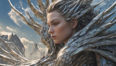 1girl,solo,short hair,blue eyes,brown hair,closed mouth,upper body,outdoors,sky,day,artist name,cloud,from side,blue sky,lips,profile,cloudy sky,portrait,mountain,realistic,nose,fantasy,dragon,blonde hair,armor,blurry,expressionless,looking afar