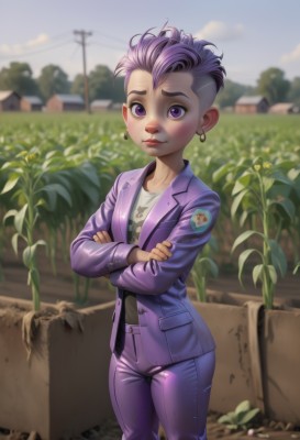 1girl,solo,looking at viewer,short hair,shirt,long sleeves,jewelry,closed mouth,standing,purple eyes,jacket,purple hair,flower,multicolored hair,earrings,outdoors,sky,day,pants,dark skin,blurry,two-tone hair,dark-skinned female,lips,makeup,blurry background,formal,crossed arms,suit,aged down,plant,child,nose,female child,stud earrings,purple jacket,undercut,blush,artist name,asymmetrical hair,hoop earrings,house,power lines,mohawk,garden