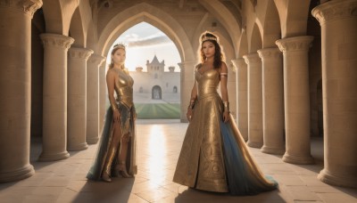 long hair,breasts,looking at viewer,multiple girls,blonde hair,brown hair,black hair,dress,2girls,cleavage,bare shoulders,brown eyes,jewelry,medium breasts,standing,braid,earrings,boots,outdoors,sky,cloud,dark skin,necklace,white dress,armor,bracelet,dark-skinned female,lips,sunlight,tiara,building,armlet,breastplate,realistic,arms at sides,armored dress,pillar,arch,column