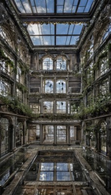 outdoors,sky,day,cloud,indoors,tree,blue sky,no humans,window,sunlight,plant,building,scenery,stairs,door,railing,architecture,ruins,vines,bridge,ceiling,arch,railroad tracks,overgrown,broken window,cloudy sky,wooden floor,fantasy,chandelier