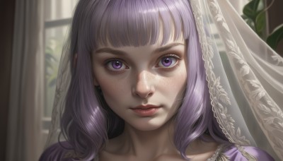 1girl,solo,long hair,looking at viewer,bangs,closed mouth,purple eyes,collarbone,purple hair,shiny,indoors,blunt bangs,blurry,shiny hair,lips,eyelashes,window,depth of field,blurry background,plant,curtains,portrait,veil,close-up,freckles,realistic,nose,artist name,makeup