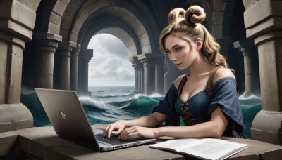 1girl,solo,long hair,breasts,looking at viewer,blush,blue eyes,blonde hair,cleavage,bare shoulders,medium breasts,sitting,closed mouth,collarbone,upper body,sky,day,cloud,indoors,water,off shoulder,hair bun,lips,double bun,ocean,chair,table,cloudy sky,corset,hair rings,realistic,nose,computer,pillar,laptop,fine art parody,column,jewelry,paper