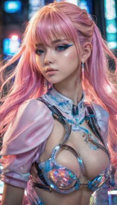 1girl,solo,long hair,breasts,looking at viewer,bangs,blue eyes,large breasts,cleavage,jewelry,medium breasts,closed mouth,upper body,pink hair,earrings,armor,blurry,lips,makeup,blurry background,gem,eyeshadow,realistic,bikini armor,blonde hair,swimsuit,short sleeves,bikini,parted lips,eyelashes,expressionless,nose,shrug (clothing),mascara