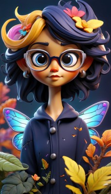 1girl,solo,looking at viewer,smile,short hair,blue eyes,blonde hair,black hair,hair ornament,jewelry,closed mouth,upper body,flower,multicolored hair,earrings,wings,glasses,pointy ears,artist name,hair flower,hood,medium hair,two-tone hair,lips,streaked hair,hoodie,makeup,leaf,watermark,hood down,bug,plant,black-framed eyewear,yellow flower,drawstring,fairy wings,fairy,black hoodie,butterfly wings,blue hair,purple hair,hairclip,eyelashes,messy hair,butterfly,blue wings