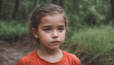 1girl,solo,looking at viewer,short hair,brown hair,shirt,black hair,brown eyes,closed mouth,upper body,grey hair,outdoors,day,blurry,black eyes,lips,grey eyes,depth of field,blurry background,expressionless,messy hair,red shirt,child,portrait,nature,freckles,realistic,female child,t-shirt,forehead