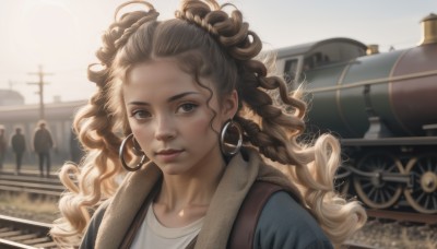 1girl,solo,long hair,looking at viewer,smile,brown hair,shirt,brown eyes,jewelry,closed mouth,collarbone,jacket,white shirt,upper body,braid,earrings,outdoors,solo focus,day,dark skin,blurry,dark-skinned female,lips,blurry background,wavy hair,ground vehicle,motor vehicle,forehead,backlighting,curly hair,hoop earrings,realistic,nose,military vehicle,train,blue eyes,sky,artist name,bag,coat,makeup,depth of field,sunlight,backpack,lipstick,portrait