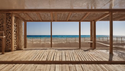 outdoors,sky,day,cloud,indoors,water,tree,blue sky,no humans,window,shadow,ocean,beach,scenery,wooden floor,sand,horizon,shore,wood