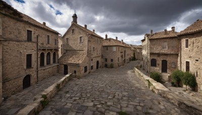 outdoors,sky,day,cloud,tree,blue sky,no humans,window,cloudy sky,building,scenery,stairs,road,wall,ruins,house,arch,stone wall,grass,plant,bush,architecture,tower,path,church,pavement,stone floor