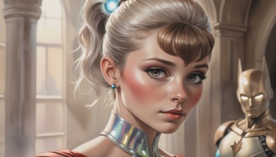 1girl,looking at viewer,blush,short hair,brown hair,hair ornament,1boy,brown eyes,jewelry,closed mouth,ponytail,earrings,solo focus,armor,collar,lips,eyelashes,makeup,portrait,freckles,realistic,nose,stud earrings,pillar,stand (jojo),bangs,blonde hair,indoors,glowing,superhero,column