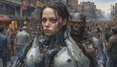 1girl,looking at viewer,short hair,brown hair,shirt,black hair,brown eyes,weapon,outdoors,multiple boys,solo focus,armor,lips,mask,robot,building,science fiction,6+boys,city,sign,realistic,cityscape,bald,police,cyborg,crowd,cyberpunk,long hair,multiple girls,holding,sky,teeth,looking back,bag,gun,backpack,forehead,road,street,power armor