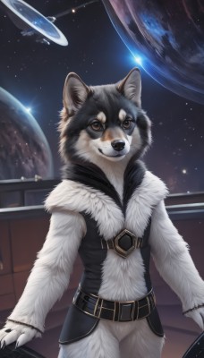 solo,1boy,brown eyes,standing,male focus,cowboy shot,sky,belt,signature,no humans,animal,star (sky),furry,starry sky,black belt,realistic,space,furry male,body fur,white fur,planet,whiskers,alien,earth (planet),spacecraft,black fur,looking at viewer,smile,dog,animal focus,galaxy