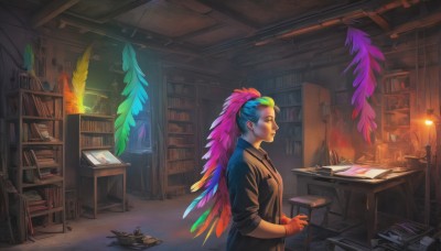 solo,shirt,gloves,1boy,jewelry,blue hair,standing,upper body,male focus,multicolored hair,earrings,necktie,indoors,fingerless gloves,from side,book,window,profile,chair,table,fire,feathers,scenery,desk,sleeves rolled up,paper,bookshelf,pen,light,lamp,candle,book stack,library,sleeves pushed up,quill,1girl,long hair,ponytail,pink hair,messy room