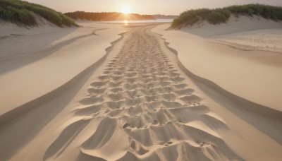 outdoors,sky,day,water,tree,no humans,shadow,ocean,beach,sunlight,grass,scenery,sunset,mountain,sand,sun,horizon,road,landscape,shore,path,desert,cloud,plant,nature