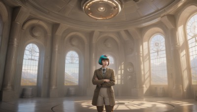 1girl,solo,looking at viewer,short hair,shirt,black hair,long sleeves,1boy,closed mouth,standing,jacket,white shirt,male focus,open clothes,necktie,day,collared shirt,belt,pants,indoors,coat,window,headband,shadow,formal,crossed arms,sunlight,goggles,scenery,black necktie,open coat,brown jacket,blue necktie,clock,grey pants,brown pants,brown coat,pillar,church,bangs,blue hair,multicolored hair,green hair,blunt bangs,uniform,aqua hair,looking away,bob cut,reflection,black belt,wide shot