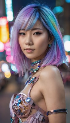 1girl,solo,breasts,looking at viewer,smile,short hair,bangs,bare shoulders,brown eyes,jewelry,medium breasts,closed mouth,blue hair,upper body,pink hair,purple hair,multicolored hair,earrings,small breasts,choker,medium hair,necklace,blurry,two-tone hair,lips,underboob,depth of field,blurry background,armlet,realistic,nose,bra,armor,from side,sideboob,science fiction,bokeh,cyberpunk