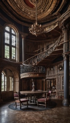 day,indoors,cup,book,no humans,window,chair,table,sunlight,scenery,light rays,wooden floor,stairs,clock,bookshelf,candle,architecture,pillar,statue,carpet,church,arch,candlestand,chandelier,column,plant,fantasy,painting (object)