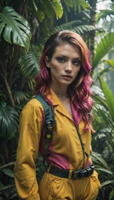 1girl,solo,long hair,breasts,looking at viewer,blue eyes,brown hair,shirt,hair ornament,long sleeves,closed mouth,standing,pink hair,multicolored hair,cowboy shot,outdoors,parted lips,hairclip,belt,pants,blurry,black eyes,two-tone hair,lips,makeup,leaf,suspenders,plant,nature,buckle,freckles,pocket,yellow shirt,realistic,nose,hands in pockets,overalls,jumpsuit,red hair,tree,forest,curly hair,dirty