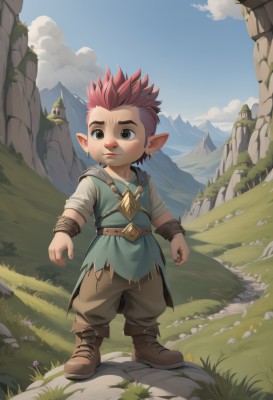 solo,short hair,brown hair,shirt,1boy,brown eyes,jewelry,standing,full body,male focus,red hair,earrings,boots,outdoors,sky,day,pointy ears,belt,pants,cloud,blue sky,torn clothes,brown footwear,grass,spiked hair,child,rock,mountain,male child,brown pants,cliff,lalafell,flower,artist name,watermark,web address