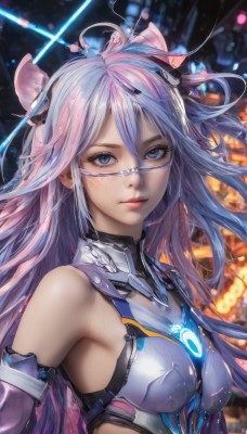 1girl,solo,long hair,breasts,looking at viewer,bangs,blue eyes,hair ornament,gloves,hair between eyes,bare shoulders,medium breasts,closed mouth,blue hair,upper body,pink hair,multicolored hair,detached sleeves,elbow gloves,armpits,blurry,lips,blurry background,headgear,science fiction,realistic,purple hair,ahoge,small breasts,armor,eyelashes,bodysuit,glowing,expressionless,light purple hair,nose