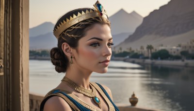 1girl,solo,short hair,brown hair,black hair,bare shoulders,brown eyes,jewelry,closed mouth,upper body,braid,earrings,outdoors,day,water,necklace,hair bun,blurry,black eyes,lips,depth of field,blurry background,single hair bun,tiara,crown,gem,portrait,mountain,realistic,nose,watercraft,boat,lake,blue eyes